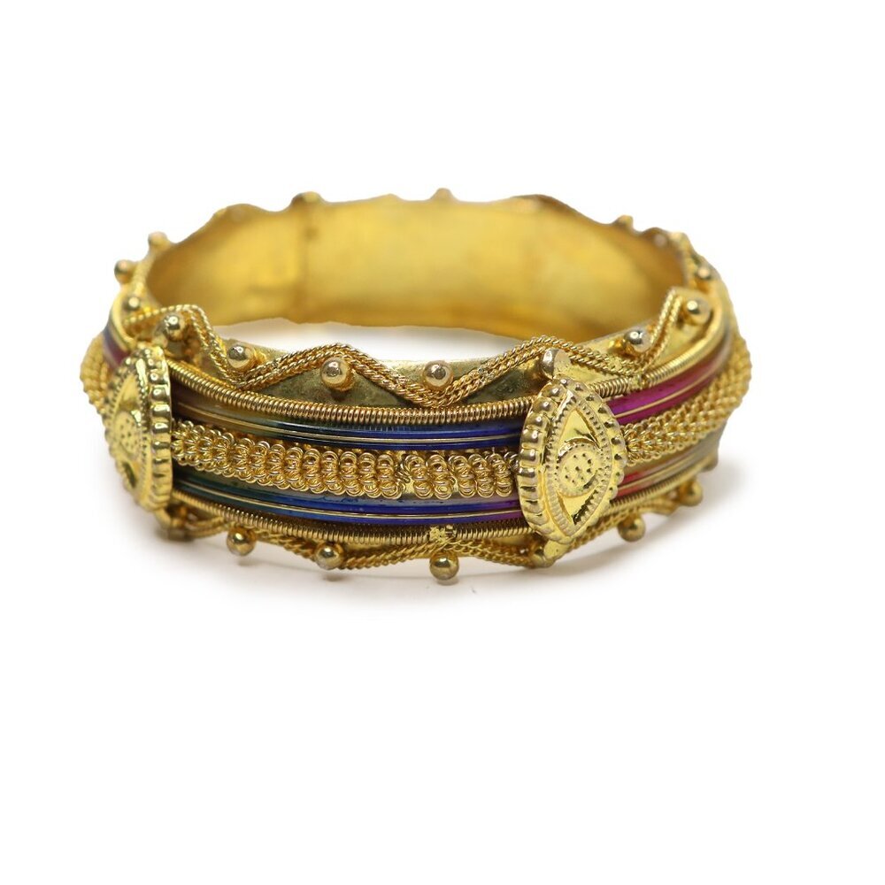 Ornate Indian Style Gold Tone Bangle Bracelet Multi-Color Enamel Filigree Blue